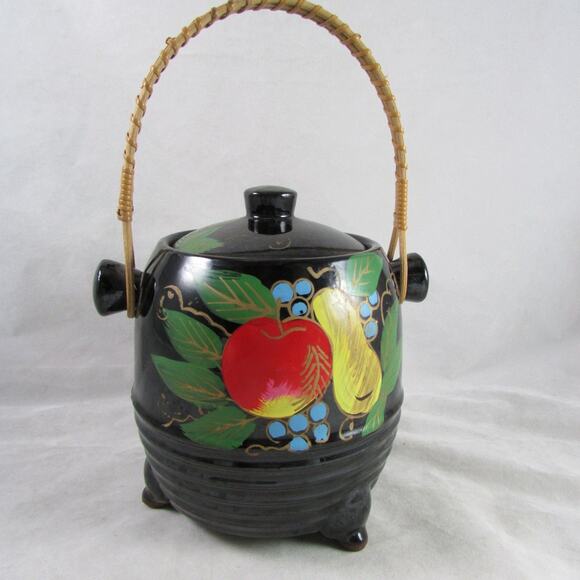 Footed Biscuit Jar Black Glazed Terracotta Fruit Motif Japan Wicker Handle - Picture 2 of 9